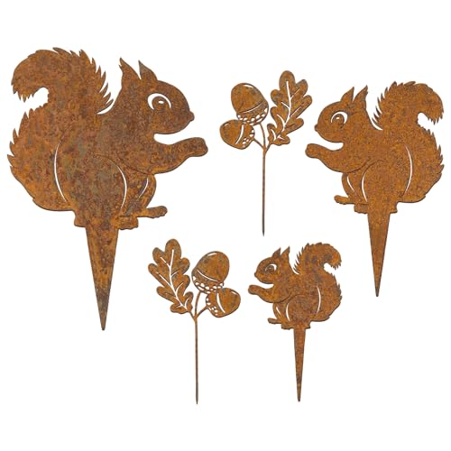 BOFUNX 5 Stück Rost Gartenstecker Herbst Gartendeko Roststecker Metall Rost Eichhörnchen Tannenzapfen Herbstdeko Tier Rostfigur Rost Deko für Herbst Garten Terrasse Balkon Blumentopf von BOFUNX