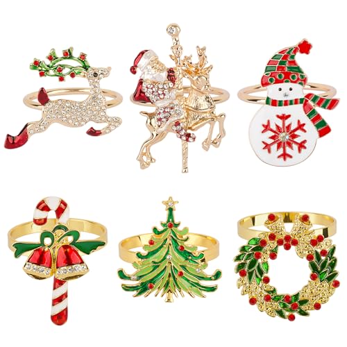 BOFUNX 6 Stücke Weihnachten Serviettenringe Gold Serviettenschnalle Metall Serviettenringe Rentier Weihnachtsbaum Weihnachtsmann Schneemann Kranz Tischdeko Weihnachtsdeko Partydeko von BOFUNX