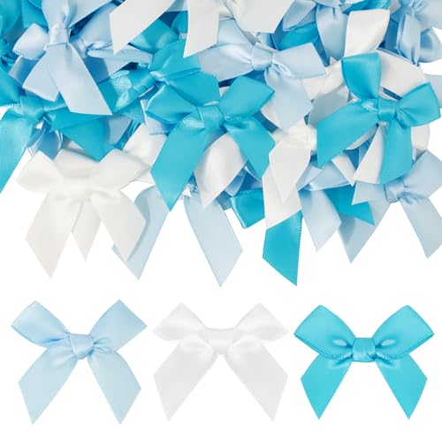BOFUNX 60 Stücke Satinschleifen Selbstklebend Satinband Schleifen Klein Schleifen Deko Blau Weiß Geschenkschleife für DIY Handwerk Karte Geschenkverpackung Taufedeko Hochzeitsdeko von BOFUNX