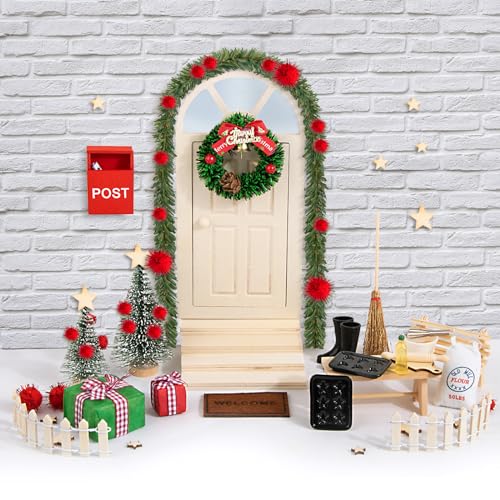 BOFUNX 68PCS Miniatur Wichteltür Zubehör Weihnachten Set, Miniatur Wichtel Tür mit Miniatur Briefkästen Weihnachtsbaum Teppich Feentür Set für Kinder Geschenk von BOFUNX