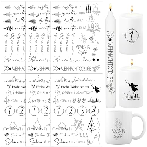 BOFUNX 6pcs Kerzen Tattoofolie Advent Kerzentattoos Folie Weihnachten Advent DIY Kerzensticker für Adventskerzen und Keramik von BOFUNX