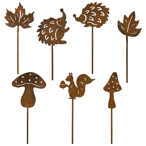 BOFUNX 7 Stück Rost Gartenstecker Herbst Gartendeko Roststecker Metall Rost Eichhörnchen Igel Pilz Herbstblätter Herbstdeko Tier Rostfigur Rost Deko für Herbst Garten Terrasse Balkon Blumentopf von BOFUNX