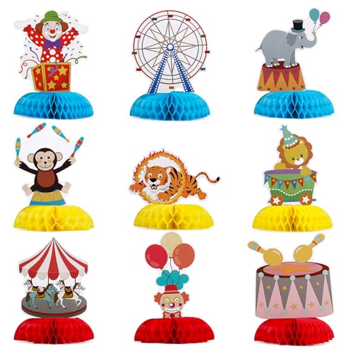 BOFUNX 9 Stück Karneval Bienenwaben Tischdeko 3D Clownkopf Zirkus Tier Party Bienenwabe Mittelstücke Tischdeko für Karneval Kinder Zirkus Geburtstag Party von BOFUNX