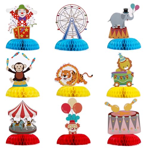 BOFUNX 9 Stück Karneval Bienenwaben Tischdeko 3D Clownkopf Zirkus Tier Thema Party Mittelstücke Dekoration für Fasching Karneval Kinder Zirkus Geburtstag Party von BOFUNX