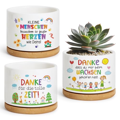 BOFUNX Keramik Blumentopf Danke Wachsen - 3 Stück Danke Blumentöpfe mit 3pcs Danke Wachsen Aufkleber Dankeschön Geschenke Abschiedsgeschenk Lehrer Erzieherin Tagesmutter Kita Kindergarten Abschied von BOFUNX