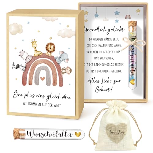 BOFUNX Geldgeschenke zur Geburt Inklusive Grußkarte Geschenkbox Kunststoff Reagenzglas Jutesäckchen Geburt Geschenk Babygeschenke Geld Gutschein Verpackung für Jungen Mädchen von BOFUNX