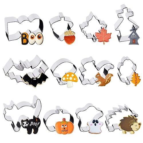 BOFUNX Herbst Ausstechformen Set 12 Stück Ausstecher Edelstahl Keksausstecher Kürbis Eichhörnchen Ahornblatt Eichel Pilz Fledermaus Plätzchenausstecher für Keks Fondant Backen von BOFUNX