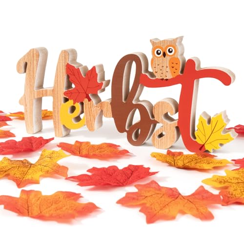 BOFUNX Herbst Deko Holz Schriftzug Herbst Tischdeko mit 50pcs Herbstblätter Tisch Ornament Deko Tischaufsätze Herbst Thanksgiving Tischdekoration BOFUNX Herbst Deko Holz Schriftzug Herbst Tischdeko mit 50pcs Herbstblätter Tisch Ornament Deko Tischaufsätze Herbst Thanksgiving Tischdekoration von BOFUNX