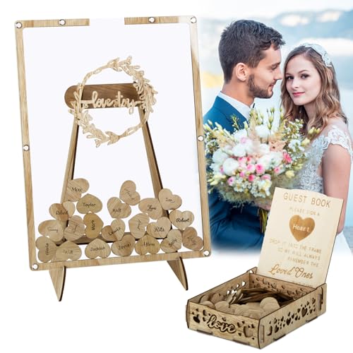 BOFUNX Hochzeit Gästebuch Holz Alternative Hochzeitsgästebuch, 100 Holzherzen, 2 Stifte, Aufbewahrungsbox, Personalisiert Hochzeitsdeko Set Hochzeitsgeschenke von BOFUNX