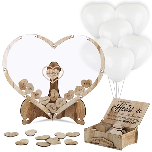 BOFUNX Hochzeit Gästebuch Holz Alternative Hochzeitsgästebuch, 80 Holzherzen, 20 Herzballons, 2 Stifte, Aufbewahrungsbox, Personalisiert Hochzeitsdeko Set Hochzeitsgeschenke von BOFUNX