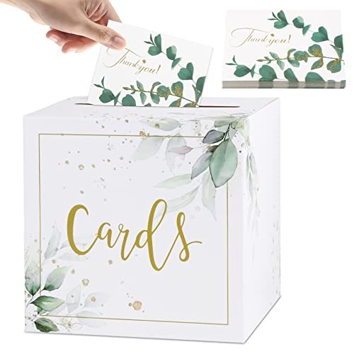BOFUNX Hochzeit Kartenbox mit 30 Stücke Thankyou Grußkarten Hochzeitsdeko Hochzeitsbox Geschenkkarten Partydeko Geschenkkartenbox Geld Box Briefbox Postbox weiß von BOFUNX
