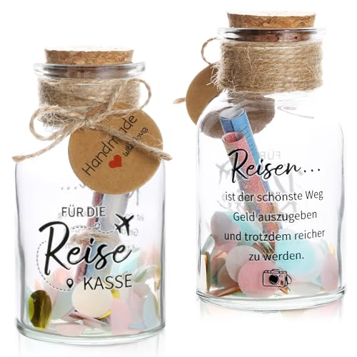 BOFUNX Reisekasse Geschenk Dekoflasche mit Korken und Reisekasse Aufkleber Konfetti Streudeko Wunscherfüller Glückbring Viel Glück Geschenk für Reise Urlaub Abenteuer Geburtstag Jugendweihe Hochzeit von BOFUNX