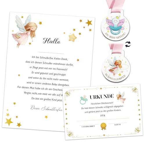 BOFUNX Schnullerfee Geschenk Set, Schnullerfee Brief + Schnullerfrei Urkunde + Schnullerfee Medaille + Umschlag, Schnullerfee Geschenk Andenken Schnuller Abschiedsgeschenk von BOFUNX