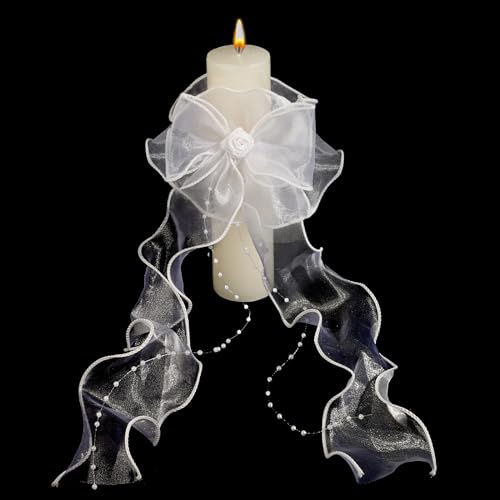 BOFUNX Tropfschutz Taufkerzen Weiß Tropfenfänger für Kerzen mit Schleife Organza Lockenbänder Kerzenrock Kerzentuch für Kerzen Kommunionkerzen Hochzeitkerzen von BOFUNX