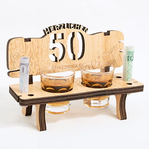 Schnapsbank mit Jahreszahl 50 Holz Inkl. 2 Schnapsgläser mit Gravur zum Geburtstag Hochzeitstag Jahrestag Jubiläum Geschenk von BOFUNX