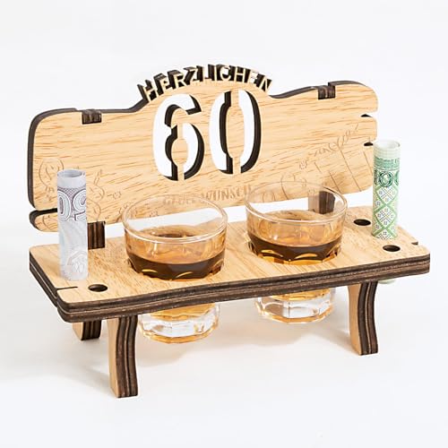 Schnapsbank mit Jahreszahl 60 Holz Inkl. 2 Schnapsgläser mit Gravur zum Geburtstag Hochzeitstag Jahrestag Jubiläum Geschenk von BOFUNX