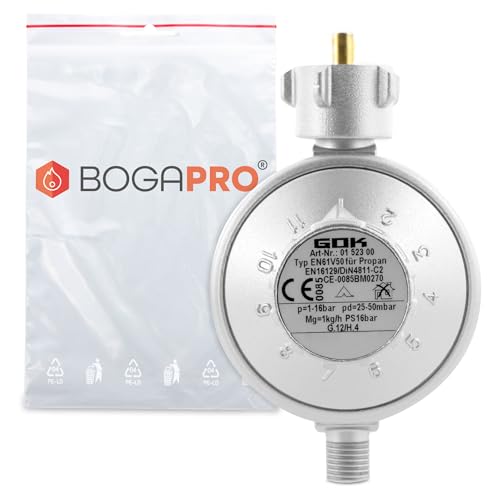 BOGAPRO 11 Stufen Niederdruckregler, Einstellbarer Gasdruckminderer von 25-50mbar für Propangasflaschen bis 11kg, inkl. Polybeutel von BOGAPRO