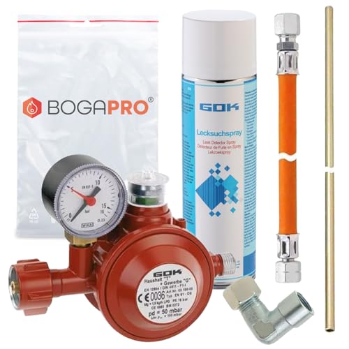 BOGAPRO Gasdruckregler 50 mbar Set für Herd oder Ofen mit Niederdruckschlauch 40 cm lang, Stahlrohr 40 cm lang, 90° Winkel. inkl. Polybeutel und Lecksuchspray von BOGAPRO