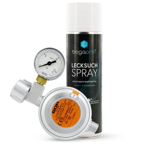 BOGAPRO Gasdruckregler mit Manometer und Lecksuchspray 400ml, Niederdruckregler 50 mbar 1,5 kg/h, Caravanregler mit 1/4" Linksgewinde und Spray zur Lecksuche bei Dichtheits- und Gasdruckprüfungen von BOGAPRO