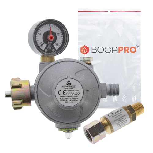 BOGAPRO Profi Gas Set aus Cavagna Haushaltsregler 50 mbar mit Überdrucksicherheitseinrichtung, Schlauchbruchsicherung 50 mbar, für gewerblichen und privaten Einsatz, inkl. Polybeutel von BOGAPRO