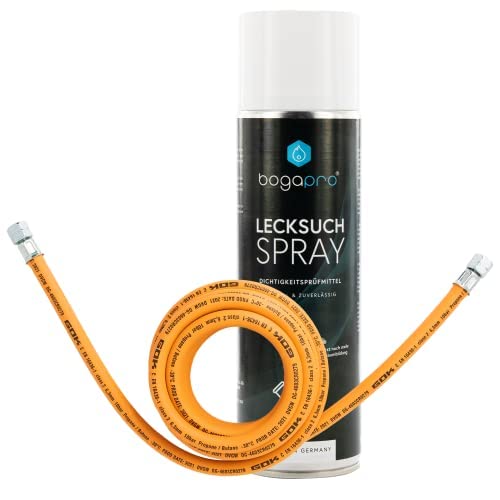 BOGAPRO Schlauch für Gasflaschen 3 m mit Lecksuchspray 400ml, Camping Propangasschlauch mit 1/4" Linksgewinde beidseitig und Spray zur Lecksuche bei Dichtheits- und Gasdruckprüfungen von BOGAPRO