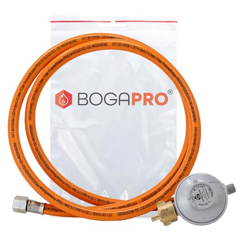 BOGAPRO Set aus Propangasschlauch 150 cm und Gasdruckregler 50 mbar, Druckminderer Gas 1/4" Linksgewinde, Gasschlauch und Druckregler inkl. Polybeutel, Polyvinylchlorid (PVC) von BOGAPRO