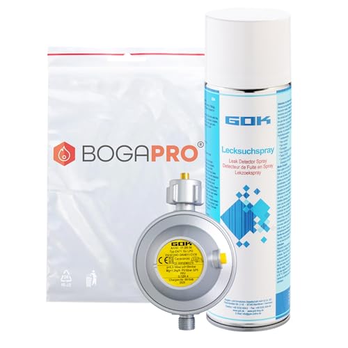 BOGARPRO Caravanregler und Lecksuchspray 400ml 2er Set, Gasdruckregler 30 mbar 1,2 kg/h Polybeutel, Spray zur Lecksuche bei Dichtheits- und Gasdruckprüfungen von BOGAPRO