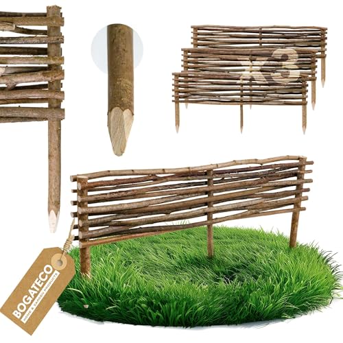 BOGATECO 3 x Haselnuss Beeteinfassung | 20 cm Hoch & 90 cm Lang | Staketenzaun Perfekt als Beet-Umrandung oder Weg-Abgrenzung Beeteinfassungen Beetbegrenzung von BOGATECO