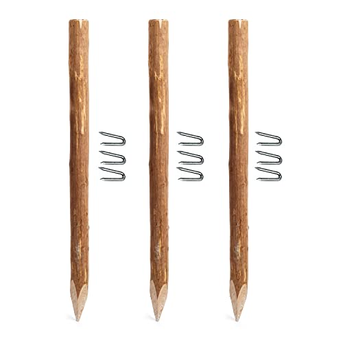 BOGATECO 3 x Haselnuss Staketenzaun Pfosten | Höhe 120 cm | Angespitzte Holz-Pfahl | 3-teiliges Set für einen 500 cm langen Gartenzaun Zaunpfosten Hozpflock Holzzaun Zaunpfähle Holzpfosten rund von BOGATECO