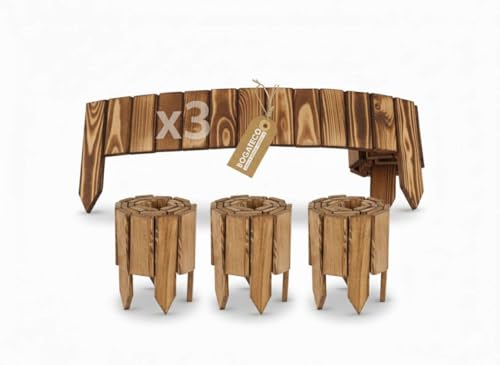 BOGATECO 3er Set Beeteinfassung Holz Rollborder Holzlatten |Rollzaun 10cm Hoch & 112cm lang | Holz-Zaun | Staketenzaun Perfekt als Beet-Umrandung oder Weg-Abgrenzung | Geflammte von BOGATECO