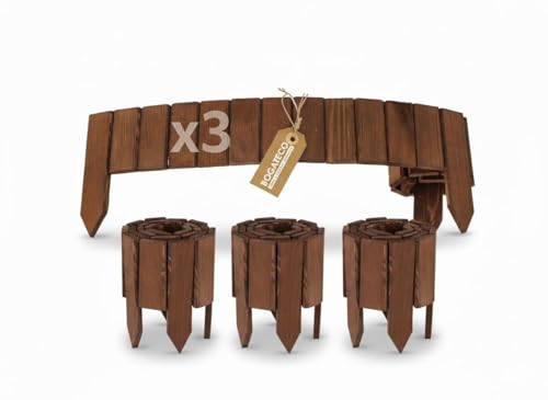BOGATECO 3er Set Beeteinfassung Holz Rollborder Holzlatten |Rollzaun 20cm Hoch & 112cm lang | Holz-Zaun | Staketenzaun Perfekt als Beet-Umrandung oder Weg-Abgrenzung | Braun von BOGATECO