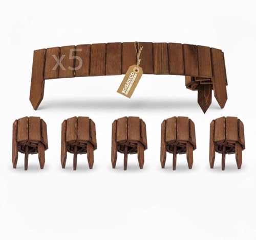 BOGATECO 5er Set Beeteinfassung Holz Rollborder Holzlatten |Rollzaun 10cm Hoch & 112cm lang | Holz-Zaun | Staketenzaun Perfekt als Beet-Umrandung oder Weg-Abgrenzung | Braun von BOGATECO