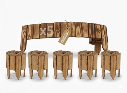 BOGATECO 5er Set Beeteinfassung Holz Rollborder Holzlatten |Rollzaun 20cm Hoch & 112cm lang | Holz-Zaun | Staketenzaun Perfekt als Beet-Umrandung oder Weg-Abgrenzung | Geflammte von BOGATECO
