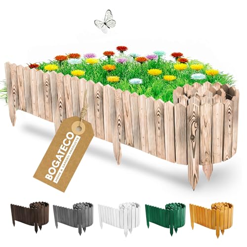 BOGATECO Beeteinfassung Holz Rollborder Holzlatten | Rollzaun 10cm Hoch & 200cm lang | Holz-Zaun | Staketenzaun Perfekt als Beet-Umrandung oder Weg-Abgrenzung | Geflammte von BOGATECO