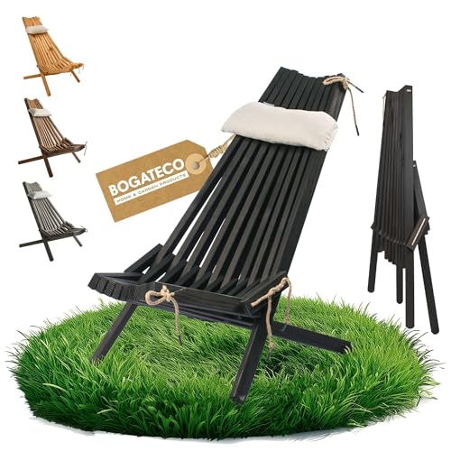BOGATECO Klappbarer Gartenstuhl aus Holz mit dem Kopfkissen | 100 x 55 x 30 cm | Rückenlänge 90 cm | Sonnenliege | Komfortabel, Stabil & Funktional (Schwarz) von BOGATECO