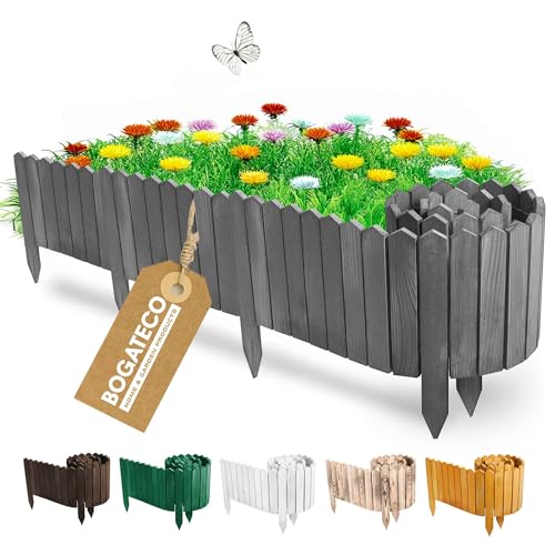 BOGATECO Beeteinfassung Holz Rollborder Holzlatten | Rollzaun 20cm Hoch & 200cm lang | Holz-Zaun | Staketenzaun Perfekt als Beet-Umrandung oder Weg-Abgrenzung | Anthrazit von BOGATECO