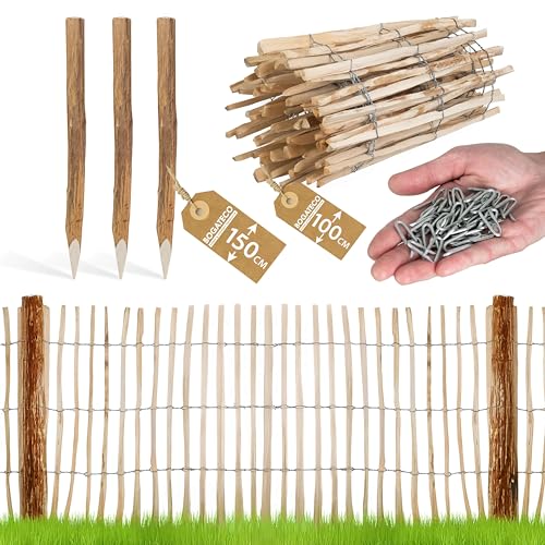 BOGATECO Staketenzaun Haselnuss Holz-Zaun 100 x 500cmmit Pfosten 150cm | Lattennabstand 7-8cm Perfekt als Gartenzaun | Zaun Garten Steckzaun Holzzaun | Langlebige Zaunpfosten von BOGATECO