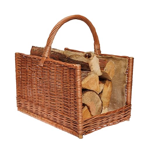BOGATECO Weidenkorb mit quadratischem Griff | Großer Kaminkorb 51X35X33 | Handgewebt | Mit Jute ausgekleideter Holzkorb | Brennholzkorb von BOGATECO