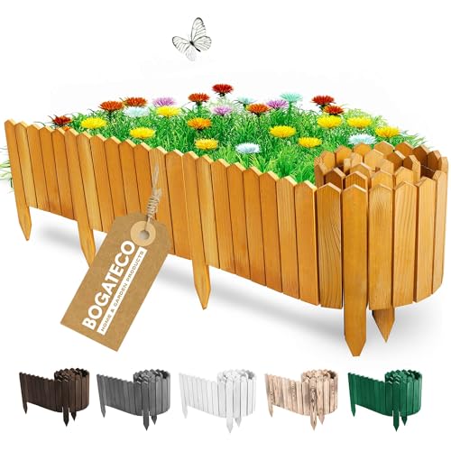 BOGATECO Beeteinfassung Holz Rollborder Holzlatten | Rollzaun 20cm Hoch & 200cm lang | Holz-Zaun | Staketenzaun Perfekt als Beet-Umrandung oder Weg-Abgrenzung | Helllbraun von BOGATECO
