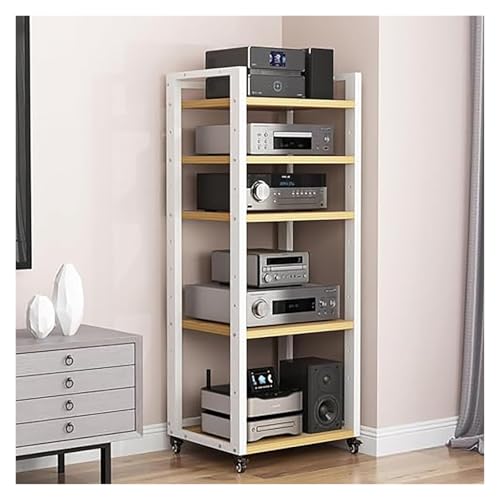 BOGDTF Rack AV Regal Multilayer Audio Component Storage Rack, 5-stöckiger Media-Ständer mit Rädern, AV-Media-Player-Ständer mit verstellbaren Regalen, Media-Ständer mit kühlendem Luftstrom-Design von BOGDTF