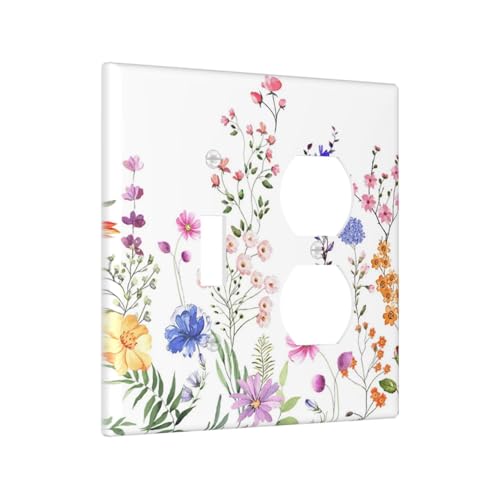 Spring Nature Lichtschalterabdeckung mit buntem Blumenmuster, 2-Gang, 1-Kipp-/Duplex-Kombinations-Lichtschalter-Abdeckung, Wandplatte, elektrische Frontplatte, dekorative Doppelgeräte-Schalterplatte von BOGOSERY