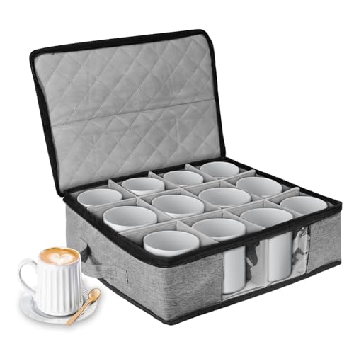 BOHEMIABY Tassenhalter Kaffeetassenhalter mit Trennwand, Aufbewahrungsbox mit Deckel Handhaben, Tassen Organizer für 12 Kaffeetasse, Becher, Glas, Stapelbar Transparentes Fenster-Grau von BOHEMIABY
