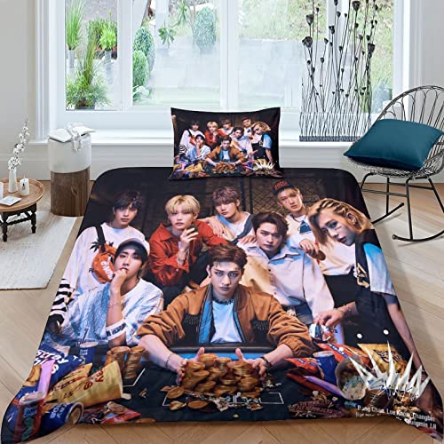 BOHHO Stray Kids 3D-Fotodruck-Bettbezug-Set streunende Kinder Bettwäsche-Sets Mikrofaser-Polyester-Bettdeckenbezug Für Teenager-Jungen Single（135x200cm） von BOHHO