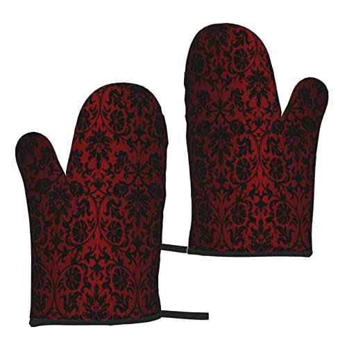 Ofenhandschuhe, dunkelrot, schwarz, Damastmuster, Ofenhandschuhe, hitzebeständig, 2er-Set, wasserfester Aufdruck zum Kochen von BOHHO