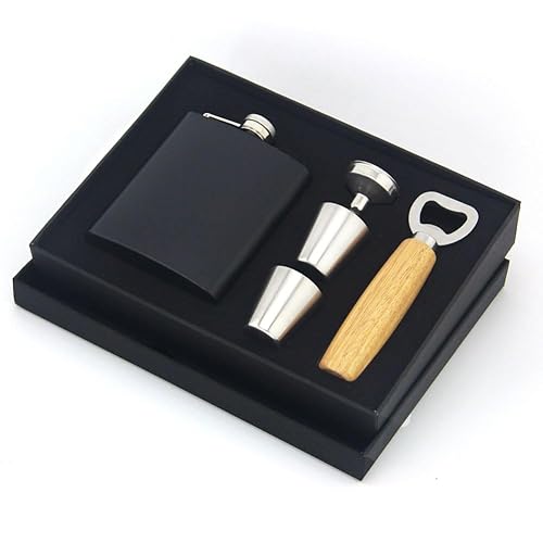 Edelstahl Flachmann 7Oz Geschenkset mit Zwei Schnapsgläsern und Trichter Flachmann aus r Geeignet Zum von Bar Party Camping Grill Portable Flask ﻿ (schwarz) von BOHJPIS