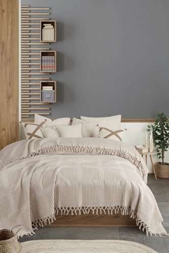 BOHORIA® Tagesdecke XXL in Waffeloptik Inara extra groß 220 x 240cm | 100% Baumwolle | Oeko-Tex® | Überwurf für Sofa, Sessel & Bett | Sofadecke Wolldecke Wohndecke (Sepia) von BOHORIA