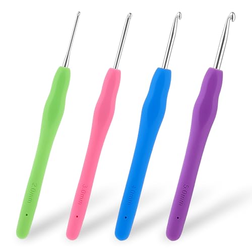 BOHUIZ 4 Stück Häkelnadel Set, 4 Größen Ergonomische Häkelnadeln Metall Häkelnadel mit Bunte Silikongriff 14 cm Crochet Hook für Anfänger und Häkelliebhaber (2/3/4/5 mm) von BOHUIZ