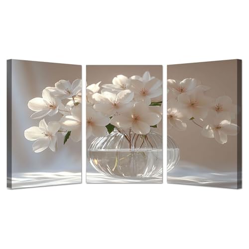 BOHUO 3 Stück Bilder auf Leinwand Leinwandbild Blumen Minimal Modern Wandbilder XXL Kunstdruck Deko für Wohnzimmer Schlafzimmer(Weiß 23)-30x40cmx3 Gerahmt von BOHUO