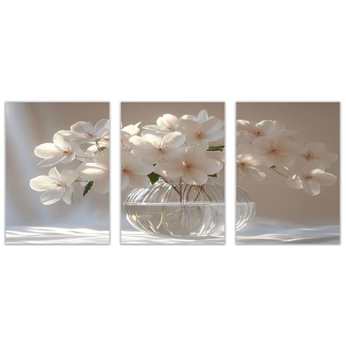 BOHUO 3 Stück Bilder auf Leinwand Leinwandbild Blumen Minimal Modern Wandbilder XXL Kunstdruck Deko für Wohnzimmer Schlafzimmer(Weiß 23)-60x80cmx3 Ungerahmt von BOHUO