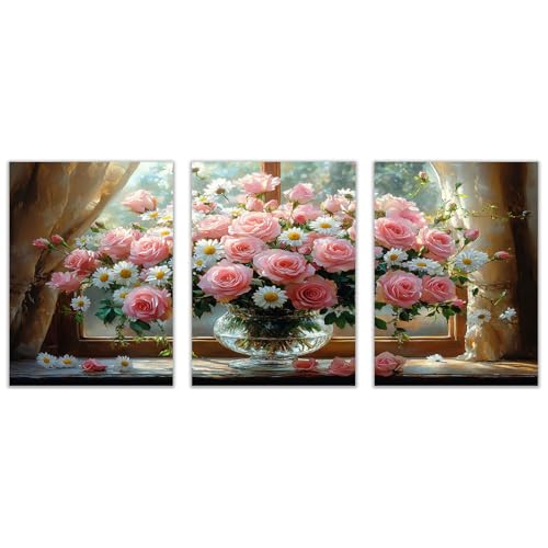 BOHUO 3 Teilig Vintage Blumen Wandbilder Florale Leinwand Retro Modern Wandbilder XXL Kunstdruck Deko für Wohnzimmer Schlafzimmer(Rosa 1)-30x40cmx3 Ungerahmt von BOHUO